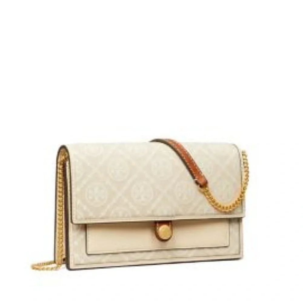 Tory Burch T Monogram Chain Wallet Crossbody Bag Ivory Gold Tan Cream Neutral